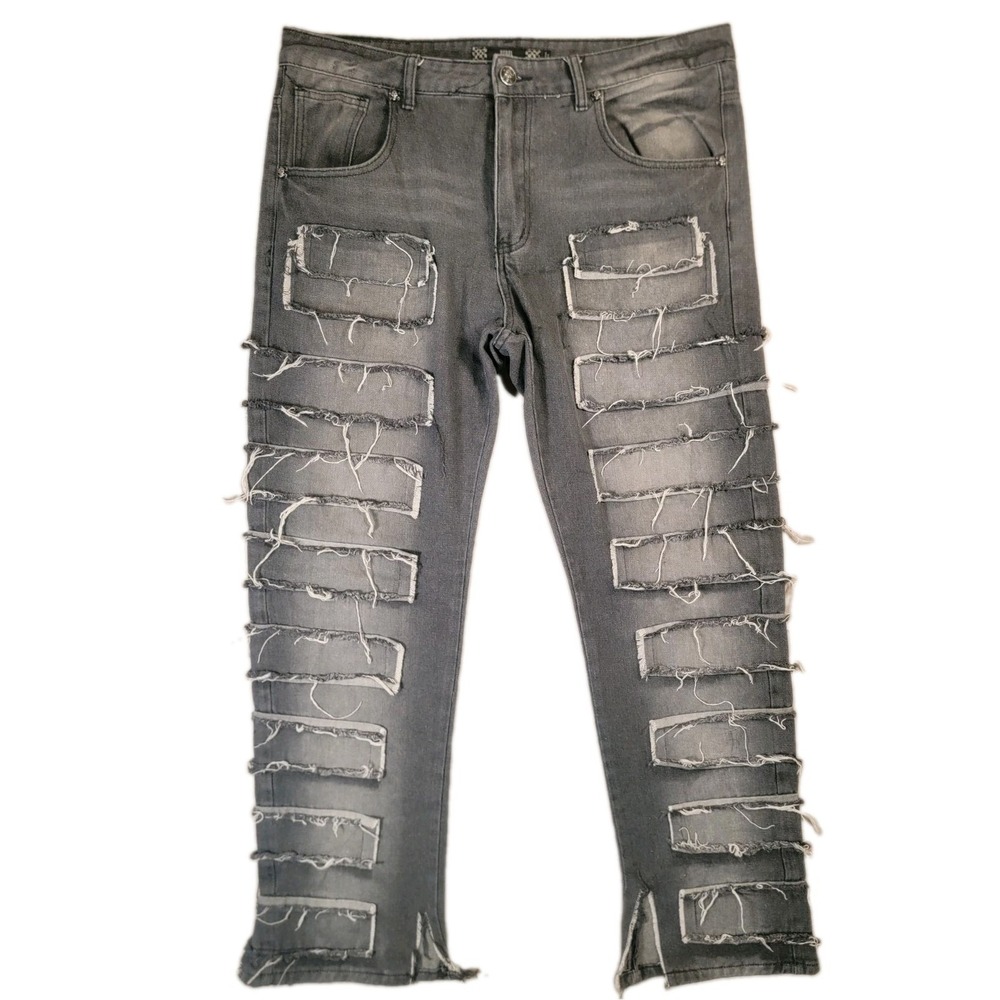 Rebel Vengeance Jeans Mens 36 Raw Hem Patch Distressed Flare Gray Cyberpunk Y2K